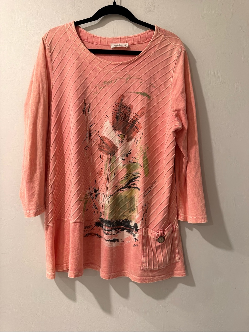 Jess & Jane XL Coral Pink Abstract Art Tunic Top Pintuck Pocket Made in USA